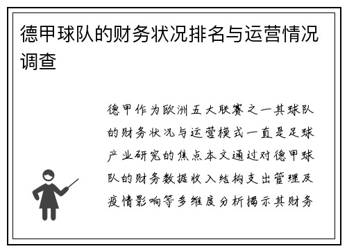 德甲球队的财务状况排名与运营情况调查