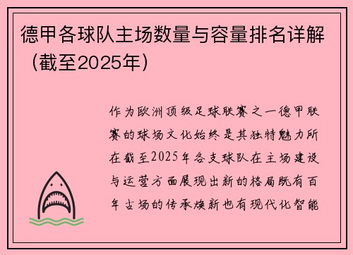 德甲各球队主场数量与容量排名详解（截至2025年）